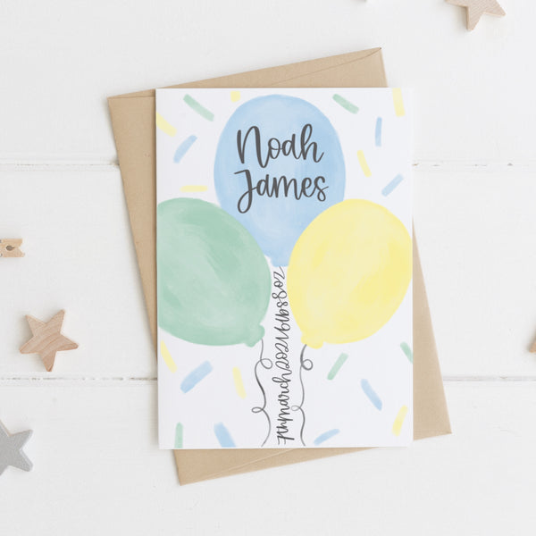 Load image into Gallery viewer, Personalised New Baby Balloon Card With Birth Details On The String